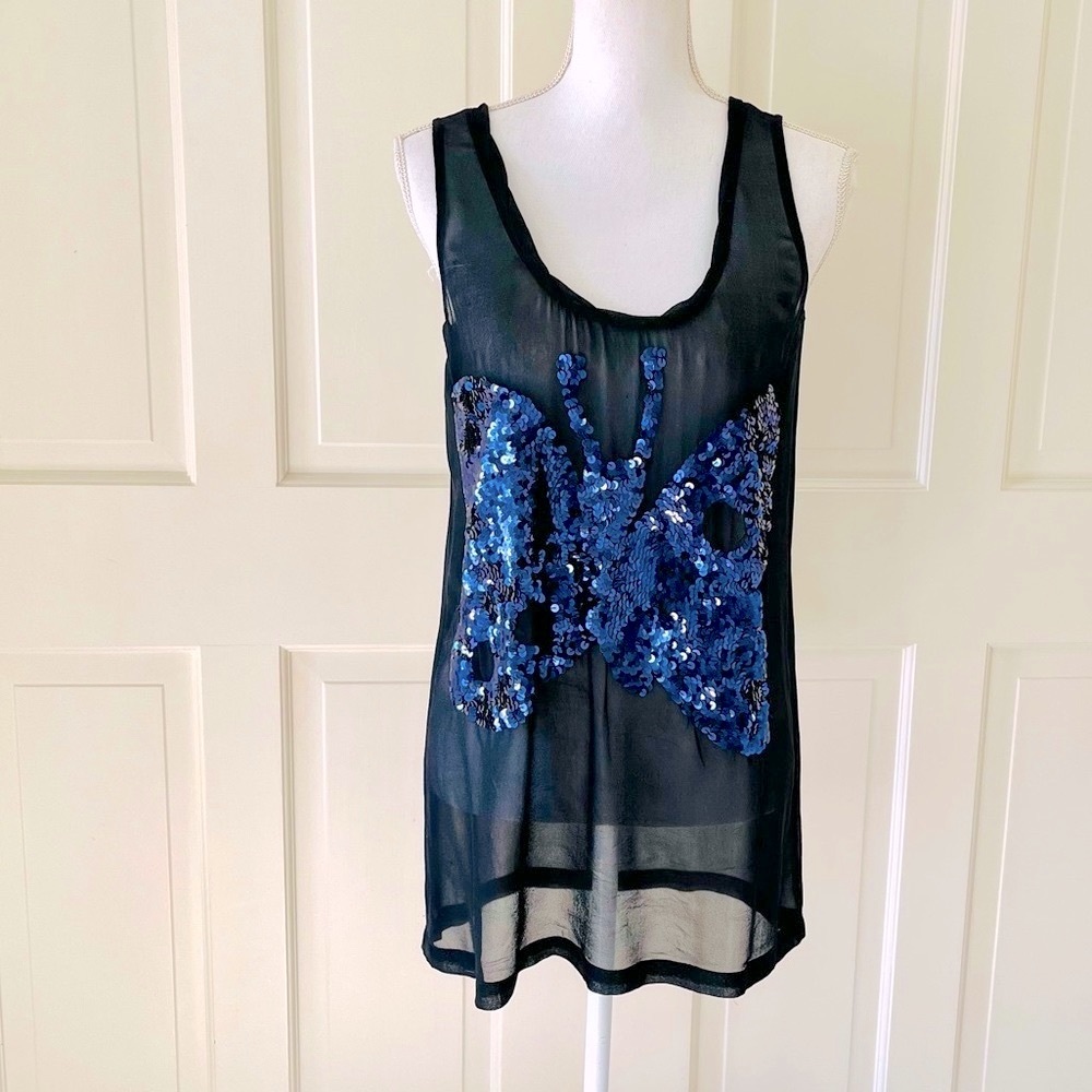 Sonia Rykiel sheer silk black tank blue sequins